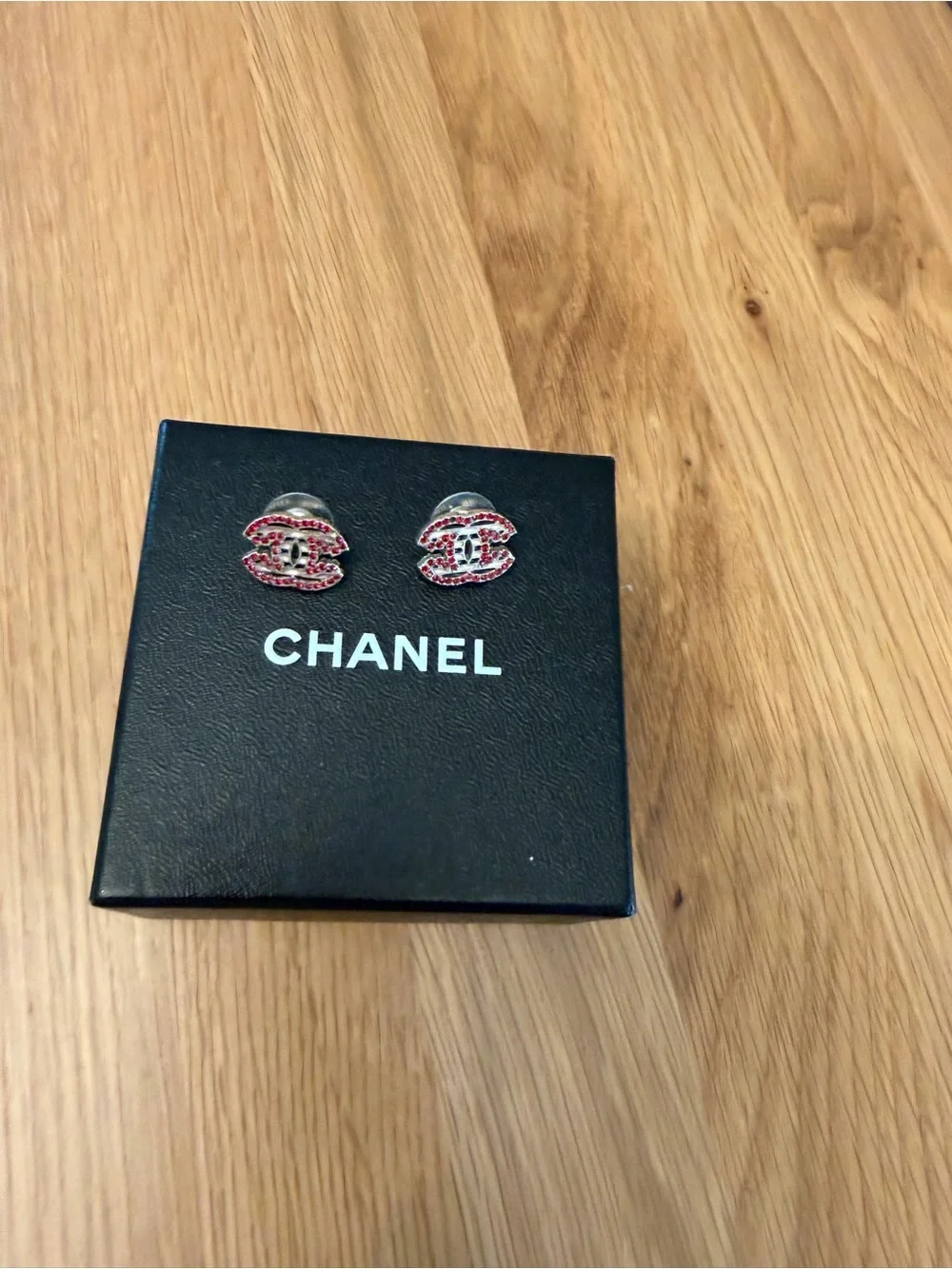 Authentic Red Crystal Chanel Pierced Earrings- With Box